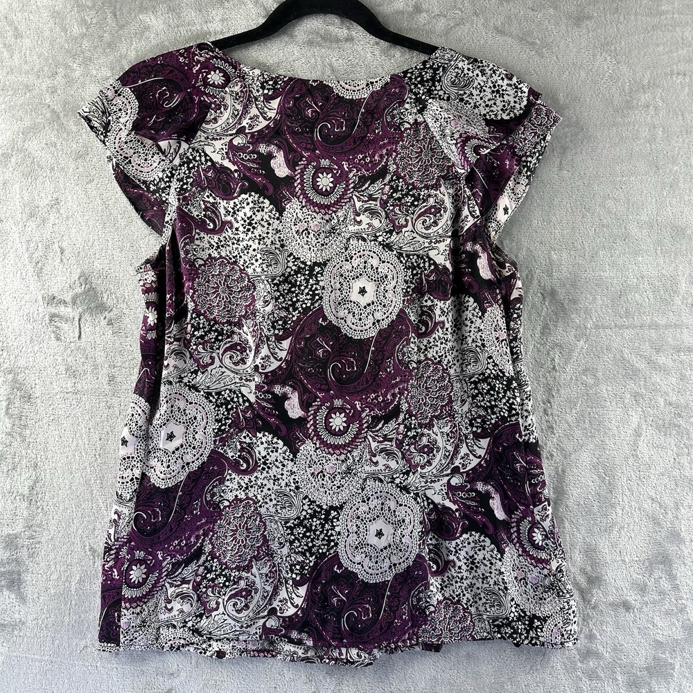 Signature Blouse Women's S Purple White Black Satin Paisley Print